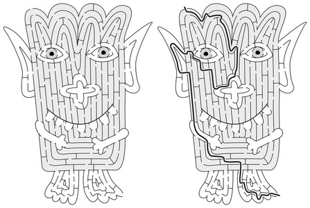 小怪物迷宫为儿童与解决方案黑白照片
