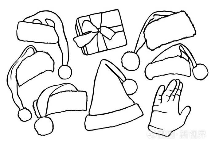 为您的创造力设置涂鸦圣诞帽礼品盒。 矢量插图