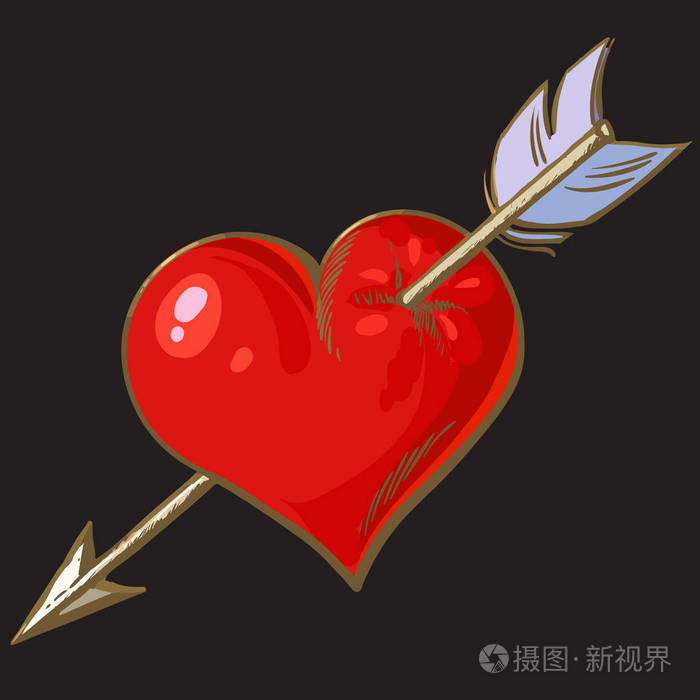 卡通红色的心脏刺穿箭头情人节贺卡t恤纹身设计的元素手绘向量插图在