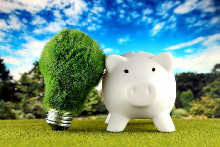 猪银行和绿色生态灯泡与草和蓝天背景。可再生能源。电价，户内节能..