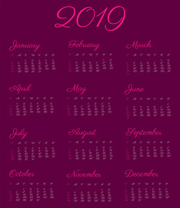 2019历年-矢量插图,复古字体.本周从美国标准周日开始.照片