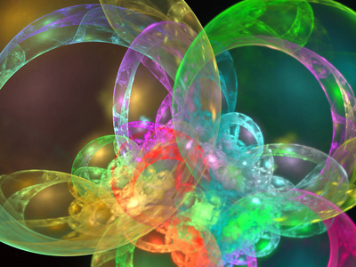 三维渲染抽象背景与环面和气泡。 水滴空气泡扭曲形状微生物细胞环突出反射设计