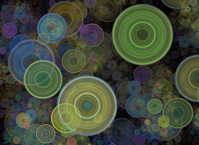 混乱的彩色圆圈纸屑。 抽象的节日背景。 奇妙的三维渲染几何数字分形插图。 数字艺术。