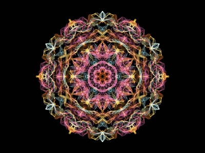 粉红色,蓝色和黄色抽象火焰曼陀罗花在黑色背景上的观赏圆形图案.