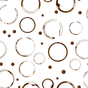 咖啡杯底环无缝图案。 棕色形状的咖啡污渍和滴溅隔离在白色上。 旋转圆圈和飞溅。 易于使用矢量背景的餐厅菜单。