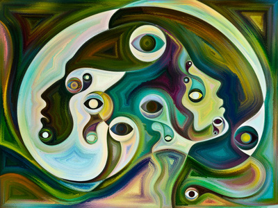 由人面对色彩构成的艺术抽象,有机质地,在内心世界的主题上流动曲线