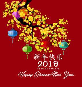 中国新年快乐，2019年猪年。 农历新年。 汉字代表新年快乐