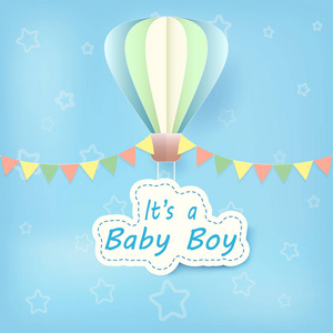 热气球纸艺与男婴文字淋浴卡剪纸风格插图蓝色背景