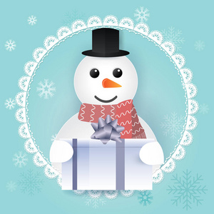 带有礼品盒和花边框架的雪人纸艺。 圣诞快乐新年快乐背景图