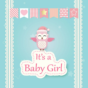 女婴淋浴卡与粉红色猫头鹰在绿色。 生日贺卡艺术风格插图