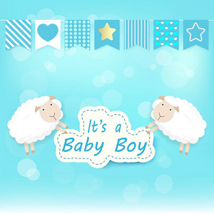 小男孩淋浴卡，羊在蓝色。 生日贺卡艺术风格插图