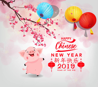 中国新年快乐，2019年猪年。 农历新年。 汉字代表新年快乐