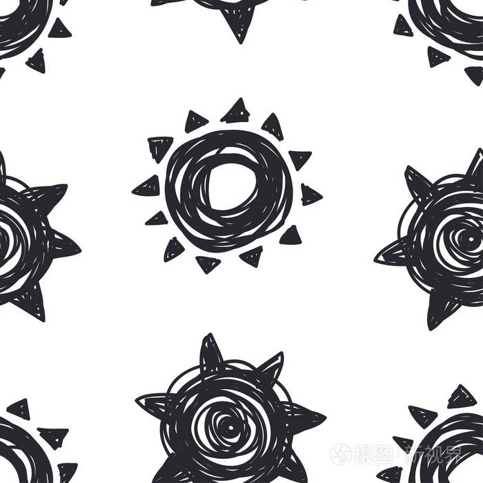 手绘插图太阳. 涂鸦风格无缝图案. 黑白太阳系物体插画-正版商用图片1