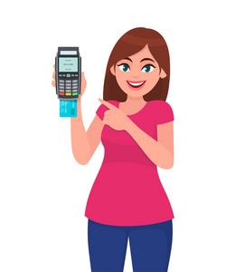 年轻妇女显示持有pos付款终端或信用卡借记卡刷卡机和手指。 矢量卡通中的无线现代银行支付业务和金融概念说明。