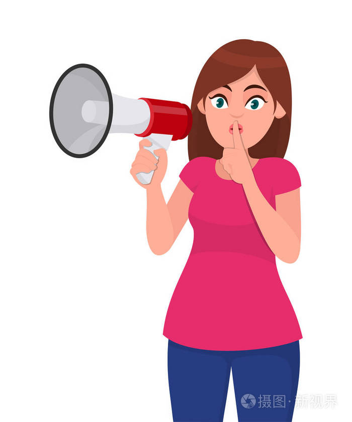 年轻的女人拿着扩音器/大声说话,要求沉默,用食指闭上嘴. 嘘! 请安静!