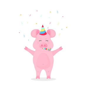 猪戴着带哨子的派对条纹帽子。 仔猪庆祝生日。 纸屑