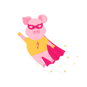 穿着超级英雄服装飞行的有趣的猪。 穿T恤和雨衣的可爱小猪