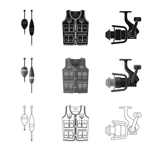 鱼和捕鱼标志的孤立对象。收集鱼和设备股票符号的网站