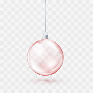 红色玻璃透明圣诞球。 圣诞玻璃球在透明的背景上。 假日装饰模板。 矢量插图