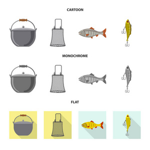 鱼和捕鱼符号的矢量例证。一套鱼和设备矢量图标股票