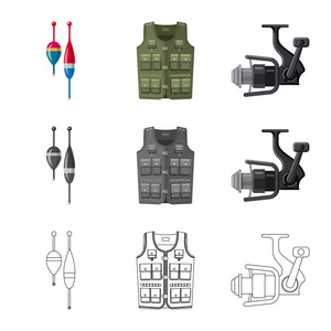 鱼和渔的孤立的对象图标。一套鱼和设备矢量图标股票
