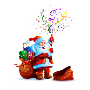 矢量插图人物圣诞老人礼物空袋，微笑，唇膏，花瓣纸屑，蛇形假日贴纸，表情符号，新年快乐，圣诞吉祥物设计白色背景。