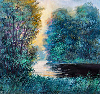 夏天的早晨在河上油画