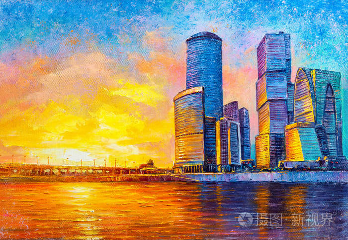 傍晚日落背景下的摩天大楼现代绘画