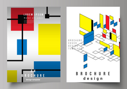 A4 格式的矢量布局现代封面设计模板的小册子, 传单, 小册子, 年度报告。抽象多边形背景, 五颜六色的马赛克图案, 复古包豪斯
