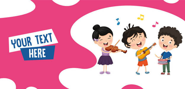 用仪器儿童音乐儿童音乐的矢量插图带卡通儿童在公园舞台上演奏音乐