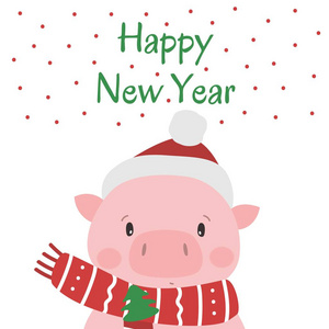 圣诞老人帽子里的可爱猪。 中国新年标志2019。矢量插图。