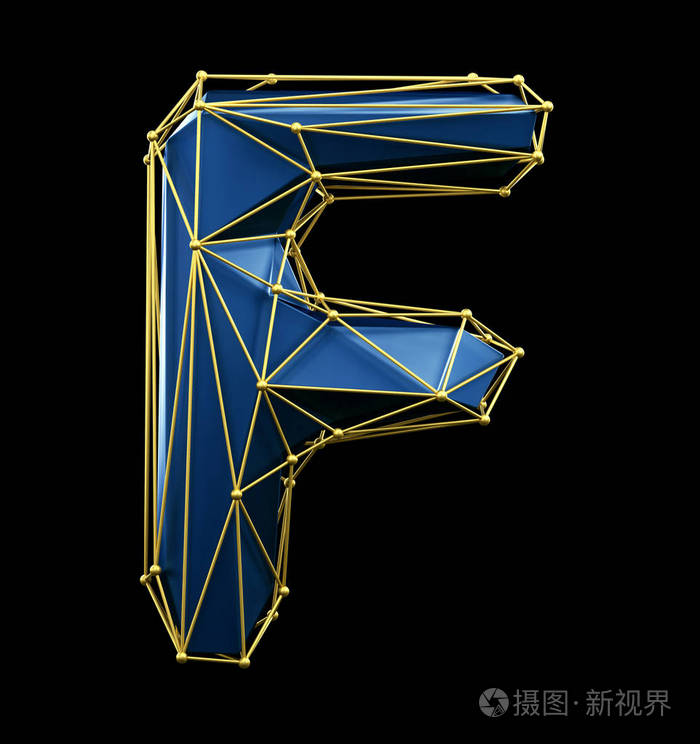 在黑色背景上孤立的低聚风格的蓝色和金色的首都拉丁字母 f.三维