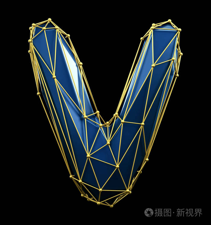 首都拉丁字母 v 在低聚样式蓝色和金色查出在黑色背景.三维