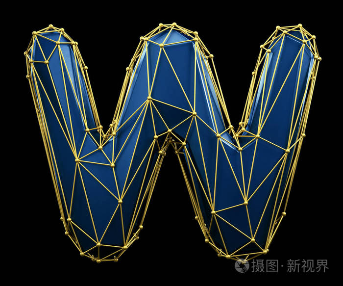 首都拉丁字母 w 在低聚样式蓝色和金色查出在黑色背景.三维