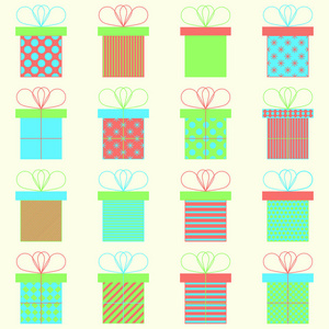 套礼物或礼盒..彩色平面矢量图标。鲜艳的颜色。庆祝概念。无缝图案
