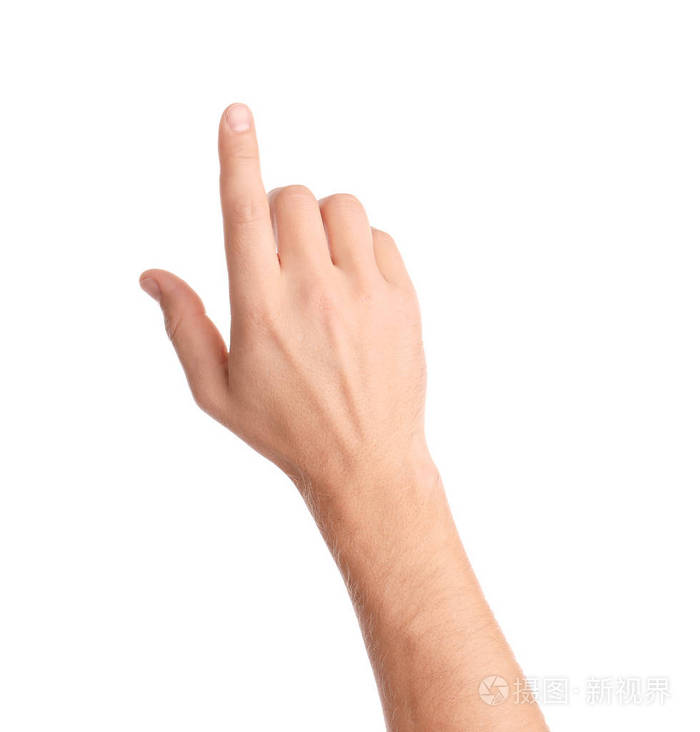男人指着白色背景上的东西特写
