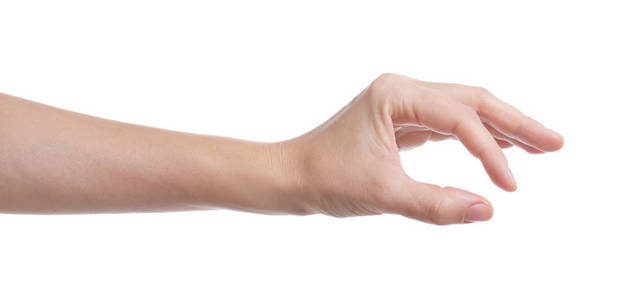 女人手里拿着白色背景的东西,特写照片