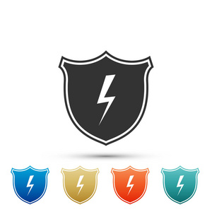 安全屏蔽与闪电图标隔离在白色的背景.在彩色图标中设置元素.