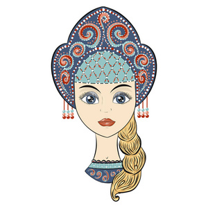 美丽的俄罗斯女孩穿着民族服装,孤立的肖像.卡通风格照片