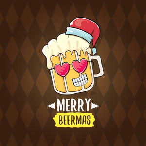 在棕色背景上查出的啤酒矢量圣诞贺卡与啤酒玻璃卡通人物和红色圣诞老人帽子隔离。矢量时髦的圣诞啤酒派对海报设计模板