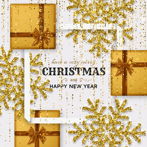 圣诞快乐的背景与闪亮的雪花, 金色的礼品盒和金色的金属丝和彩带。贺卡和圣诞节模板