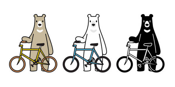 熊矢量北极熊自行车骑自行车卡通人物图标标志孤立
