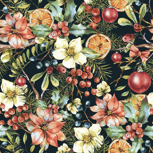水彩复古花卉无缝图案新年装饰与一品红松枝冬青圣诞球浆果白花。 黑色背景植物自然插图