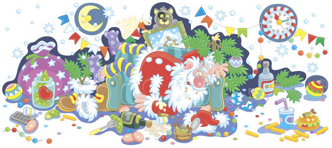 圣诞老人新年宴会结束后，他喝得醉醺醺的，睡在沙发上，在一张可怕的乱七八糟的矢量插图中，用卡通风格印在杯子上