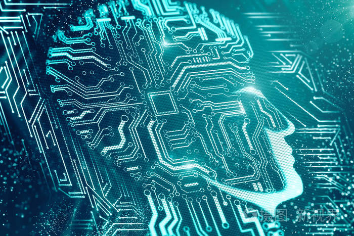 创意电路头在模糊的背景. 计算和技术概念. 3d渲染