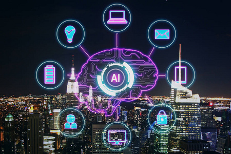 无线通信连接智慧城市物联网技术,通过大脑图标驱动会议室或会议室的