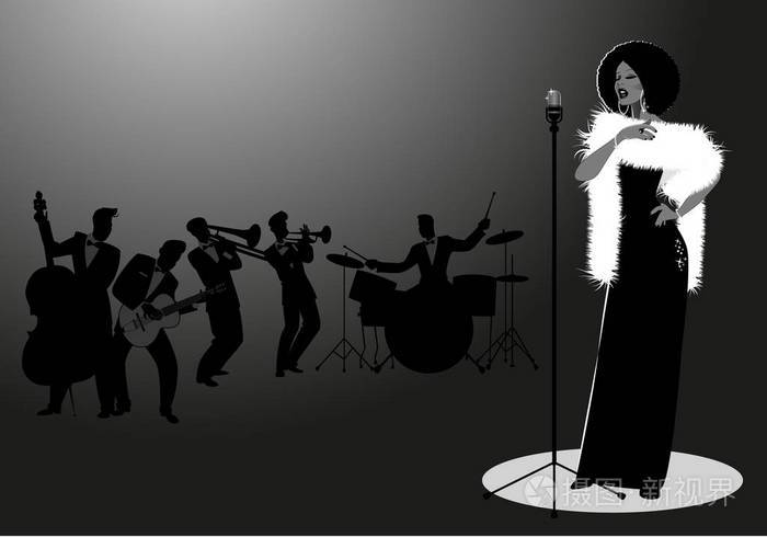 美丽优雅的爵士歌手独奏. 背景中的男性管弦乐队. 复古风格.