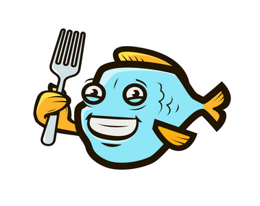 有趣的鱼拿着叉子。海鲜标志或标签。动画片向量例证