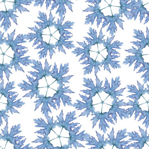 抽象的灰色蓝色叶子图案，以星星的形式出现。白色背景上的无缝水彩抽象图案。 完美的纺织壁纸印花织物。