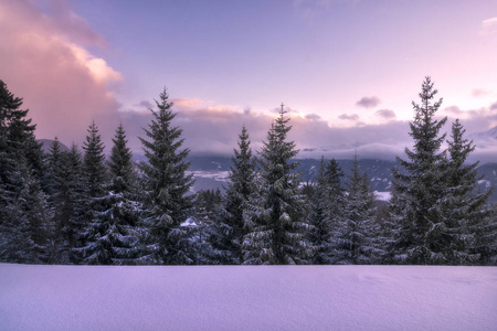 天空中的美丽的光和日落时的雪地，在蒂罗尔的雪山上